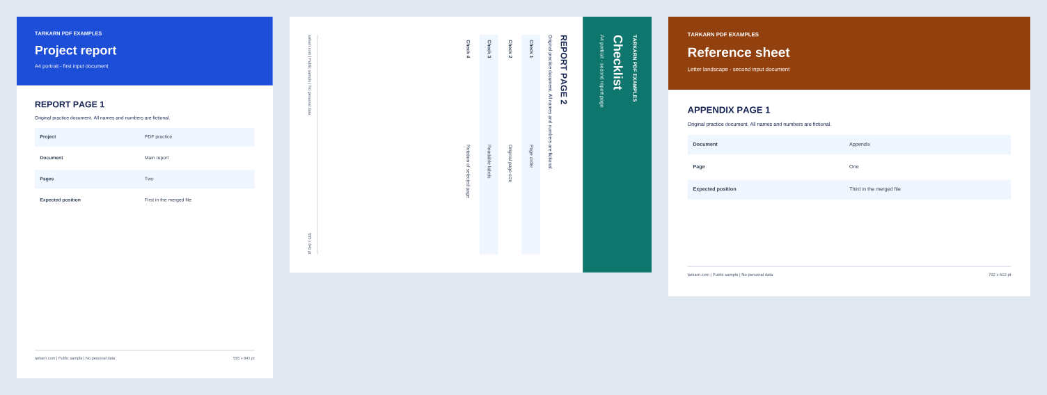 The same mixed-size document with only the second report page rotated 90° clockwise.